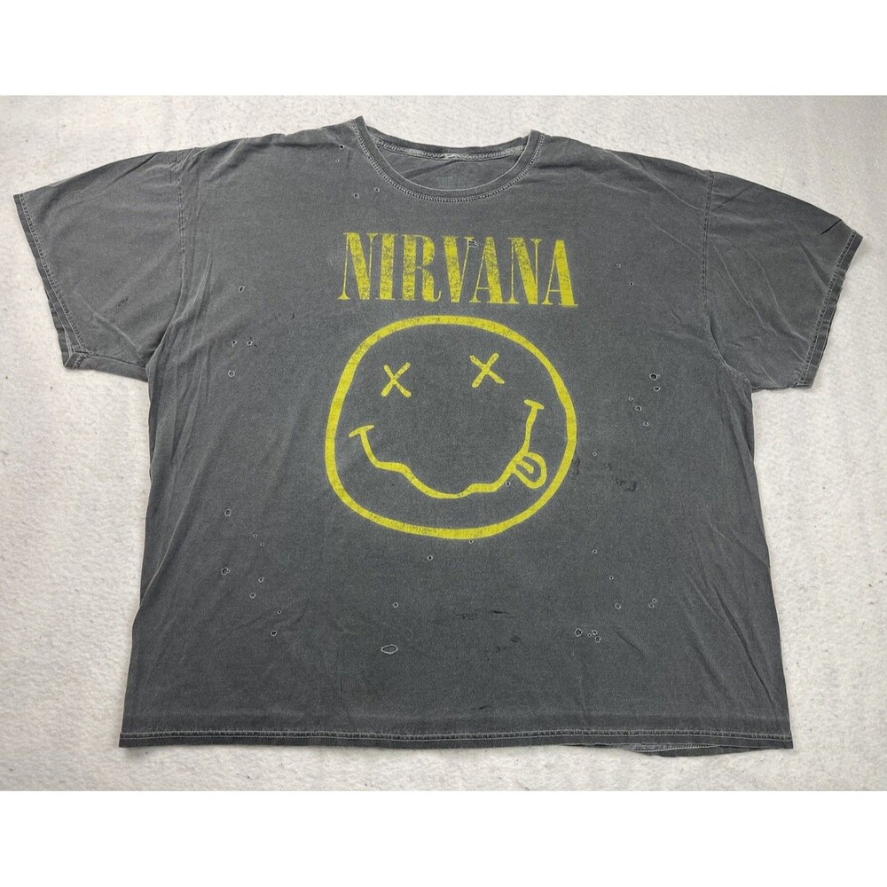 Nirvana Oversized Yellow Smiley Face Graphic Gray Distressed Holes T-Shirt